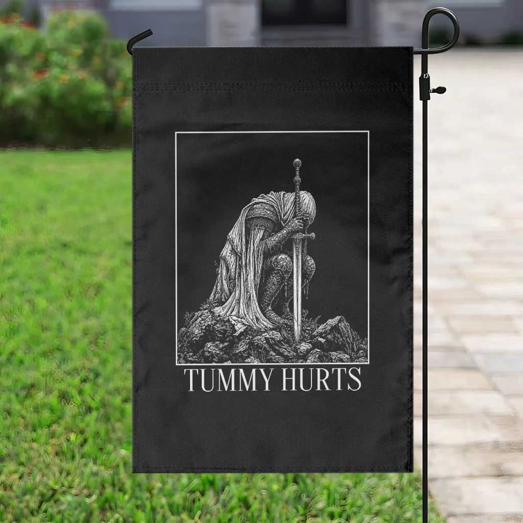 Dramatic Tummy Hurts Kneeling Knight Graphic Garden Flag Funny Medieval Sarcastic Renaissance Fantasy Meme TS02 Print Your Wear