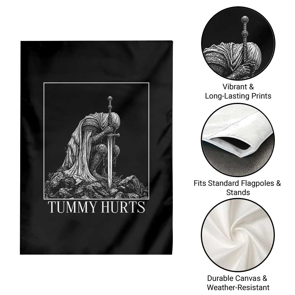 Dramatic Tummy Hurts Kneeling Knight Graphic Garden Flag Funny Medieval Sarcastic Renaissance Fantasy Meme TS02 Print Your Wear