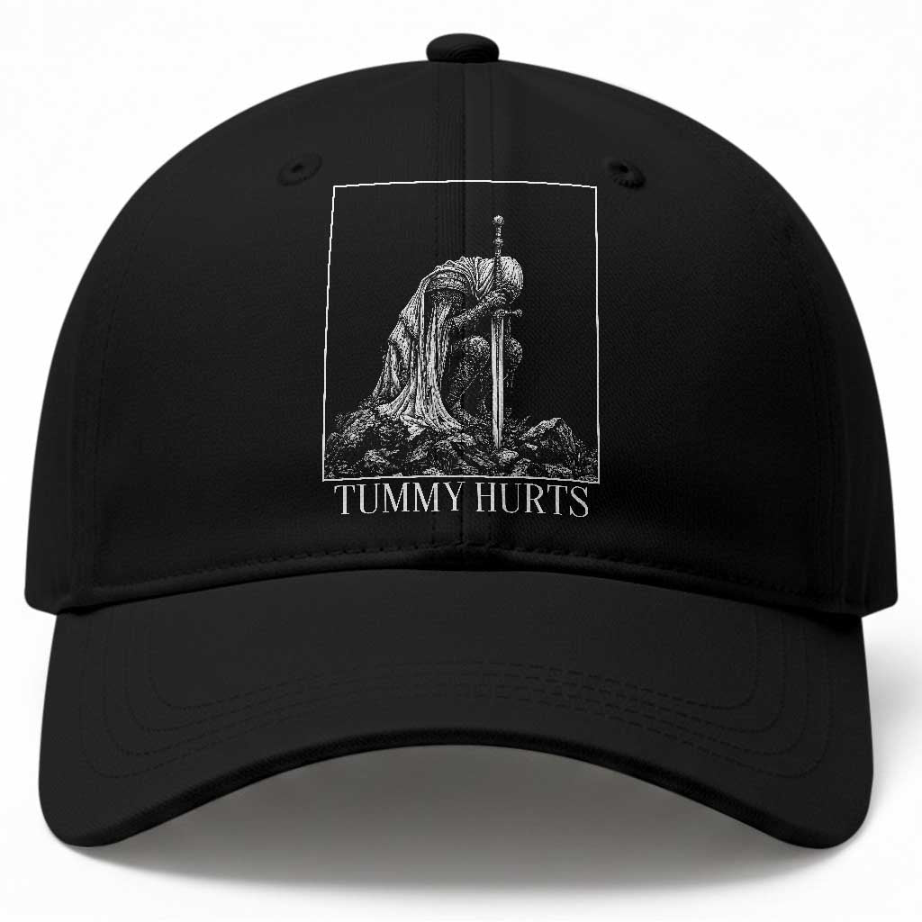 Dramatic Tummy Hurts Kneeling Knight Graphic Baseball Cap Funny Medieval Sarcastic Renaissance Fantasy Meme TS02 Print Your Wear
