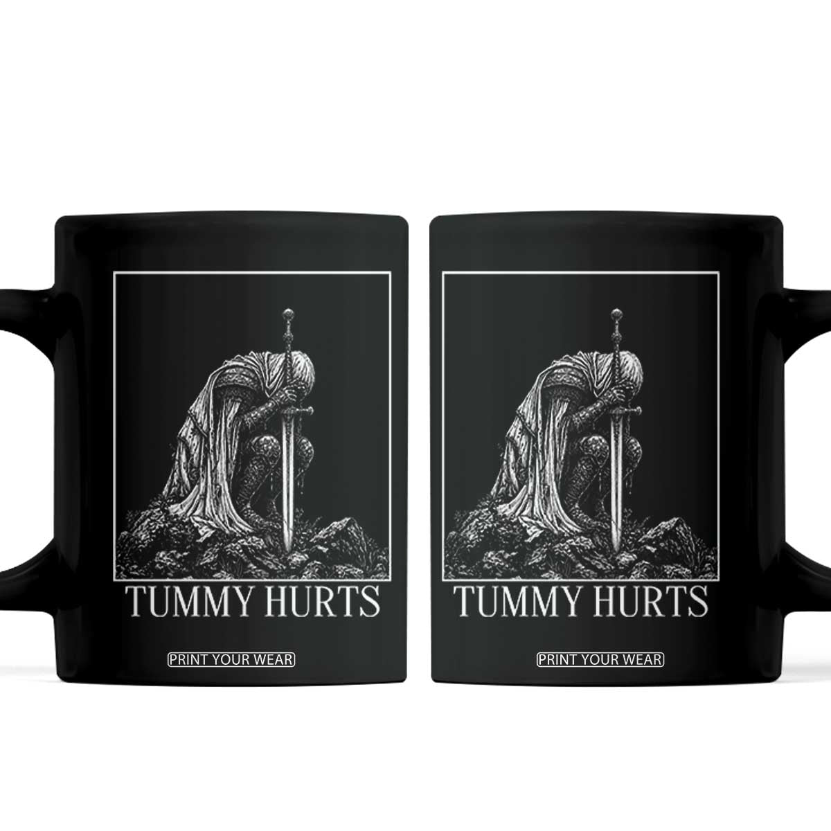 Dramatic Tummy Hurts Kneeling Knight Graphic Coffee Mug Funny Medieval Sarcastic Renaissance Fantasy Meme TS02 Black Print Your Wear