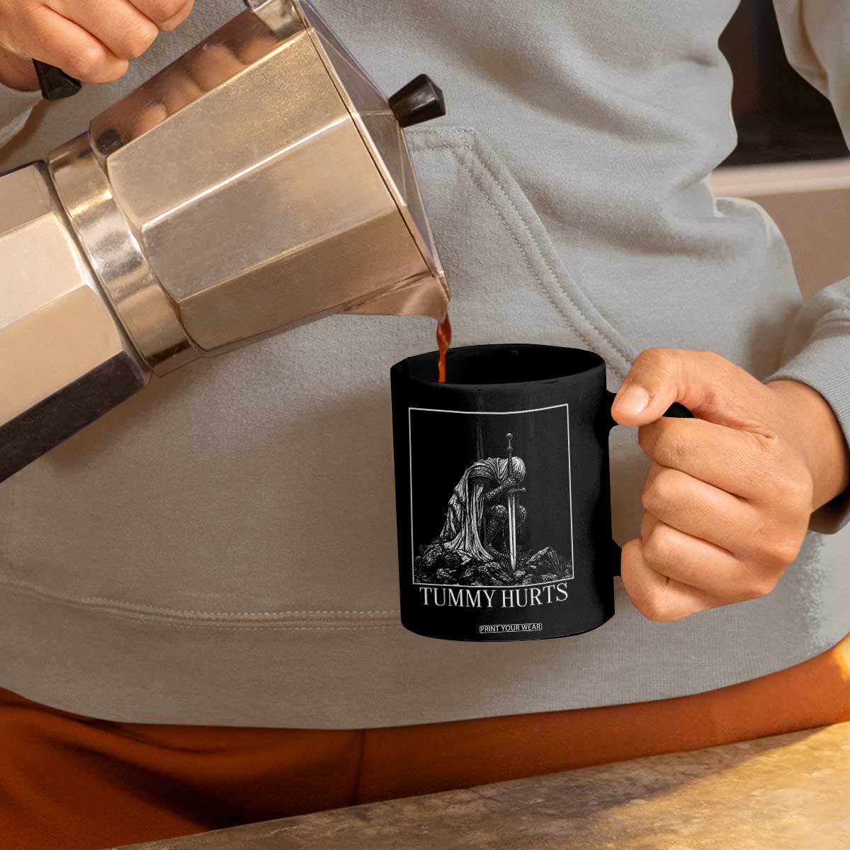 Dramatic Tummy Hurts Kneeling Knight Graphic Coffee Mug Funny Medieval Sarcastic Renaissance Fantasy Meme TS02 Print Your Wear