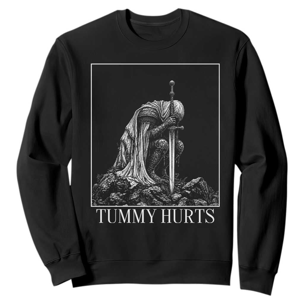 Dramatic Tummy Hurts Kneeling Knight Graphic Sweatshirt Funny Medieval Sarcastic Renaissance Fantasy Meme TS02 Black Print Your Wear