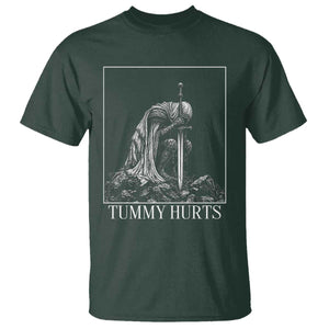 Dramatic Tummy Hurts Kneeling Knight Graphic T Shirt Funny Medieval Sarcastic Renaissance Fantasy Meme TS02 Dark Forest Green Print Your Wear