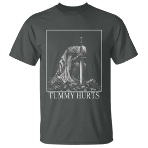 Dramatic Tummy Hurts Kneeling Knight Graphic T Shirt Funny Medieval Sarcastic Renaissance Fantasy Meme TS02 Dark Heather Print Your Wear