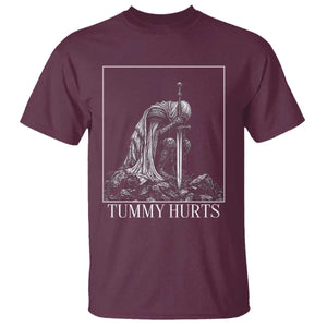 Dramatic Tummy Hurts Kneeling Knight Graphic T Shirt Funny Medieval Sarcastic Renaissance Fantasy Meme TS02 Maroon Print Your Wear