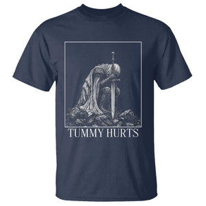 Dramatic Tummy Hurts Kneeling Knight Graphic T Shirt Funny Medieval Sarcastic Renaissance Fantasy Meme TS02 Navy Print Your Wear