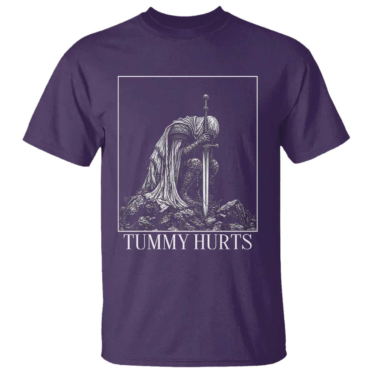 Dramatic Tummy Hurts Kneeling Knight Graphic T Shirt Funny Medieval Sarcastic Renaissance Fantasy Meme TS02 Purple Print Your Wear