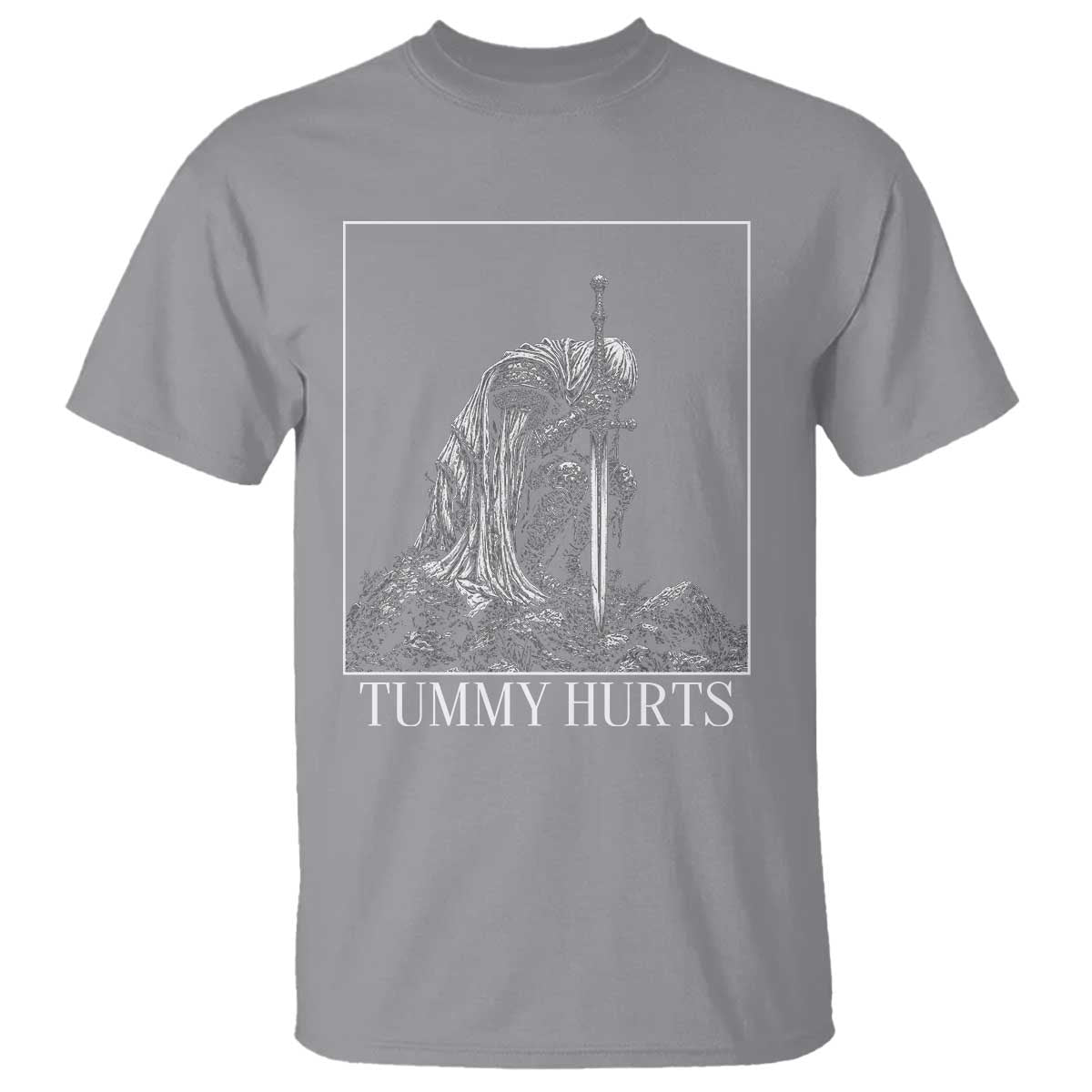 Dramatic Tummy Hurts Kneeling Knight Graphic T Shirt Funny Medieval Sarcastic Renaissance Fantasy Meme TS02 Sport Gray Print Your Wear