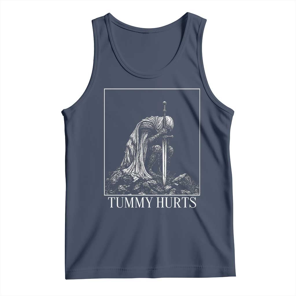 Dramatic Tummy Hurts Kneeling Knight Graphic Tank Top Funny Medieval Sarcastic Renaissance Fantasy Meme TS02 Navy Print Your Wear