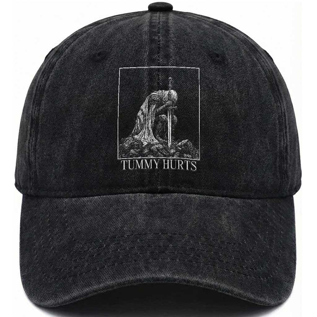 Dramatic Tummy Hurts Kneeling Knight Graphic Washed Cotton Baseball Cap Funny Medieval Sarcastic Renaissance Fantasy Meme TS02 Print Your Wear