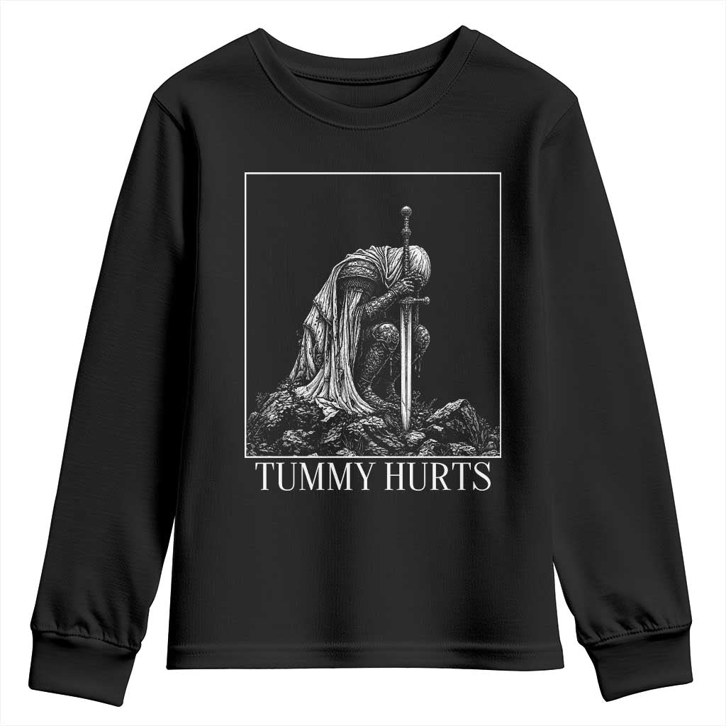 Dramatic Tummy Hurts Kneeling Knight Graphic Youth Sweatshirt Funny Medieval Sarcastic Renaissance Fantasy Meme TS02 Black Print Your Wear