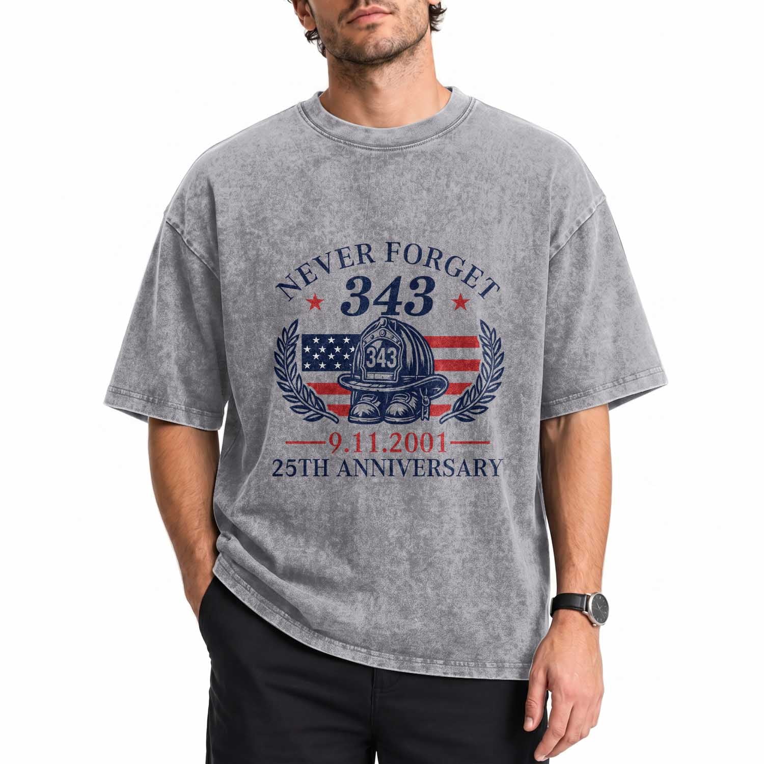 Firefighter Memorial Never Forget 343 Washed Cotton T-Shirt 25th Anniversary Patriotic Honor 9 11 Tribute TS02 Print Your Wear