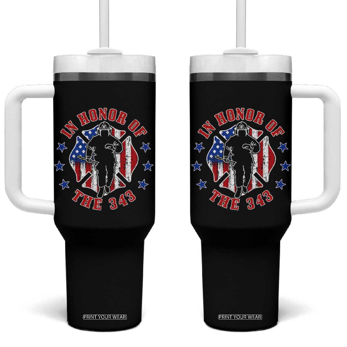 Firefighter Memorial In Honor Of The 343 Maltese Cross Graphic Tumbler With Handle Patriotic 9 11 Memorial Tribute TS02 One Size: 40 oz Black Print Your Wear