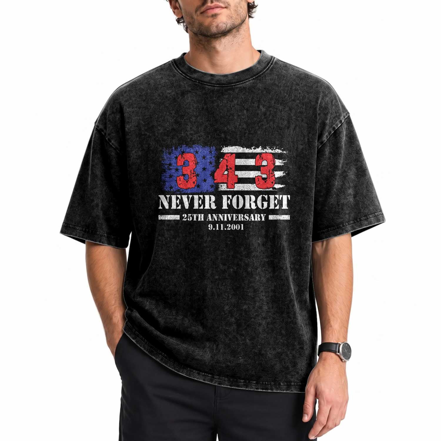 Firefighter Memorial 343 Never Forget American Flag Washed Cotton T-Shirt 25th Anniversary Patriotic Honor 9 11 Tribute TS02 Print Your Wear