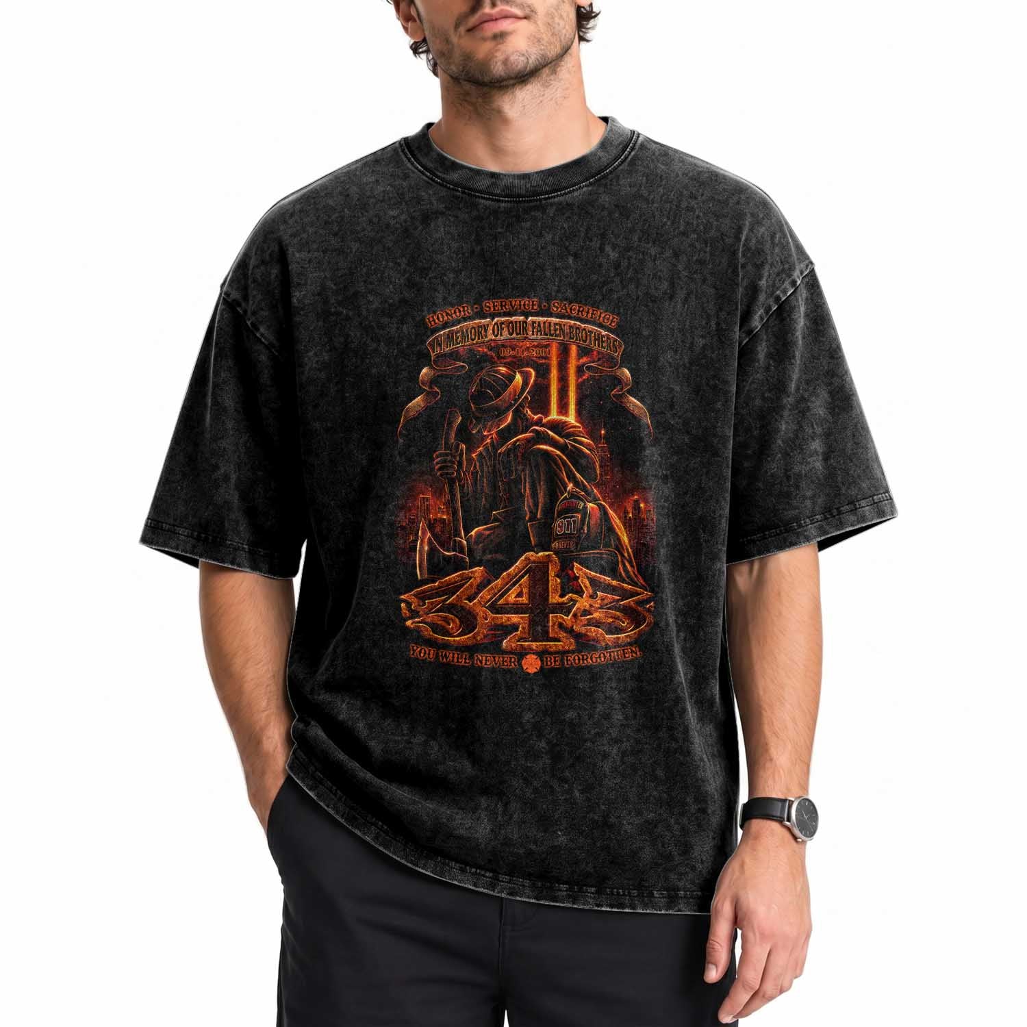Firefighter Memorial Honor Service Sacrifice 343 Washed Cotton T-Shirt In Memory Of Fallen Brothers Patriotic 9 11 Tribute TS02 Print Your Wear