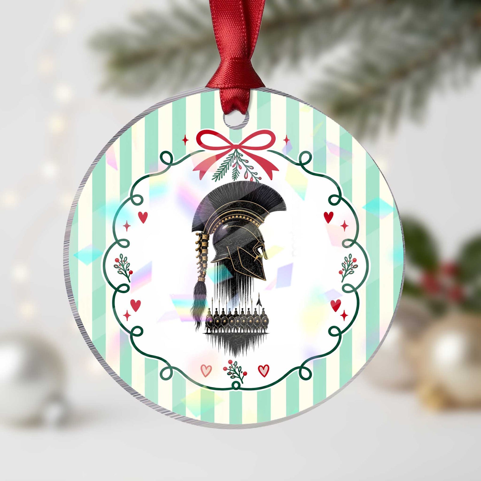 Vintage Spartan Warrior Helmet Graphic Holographic Acrylic Ornament Ancient Greek Hoplites Soldiers