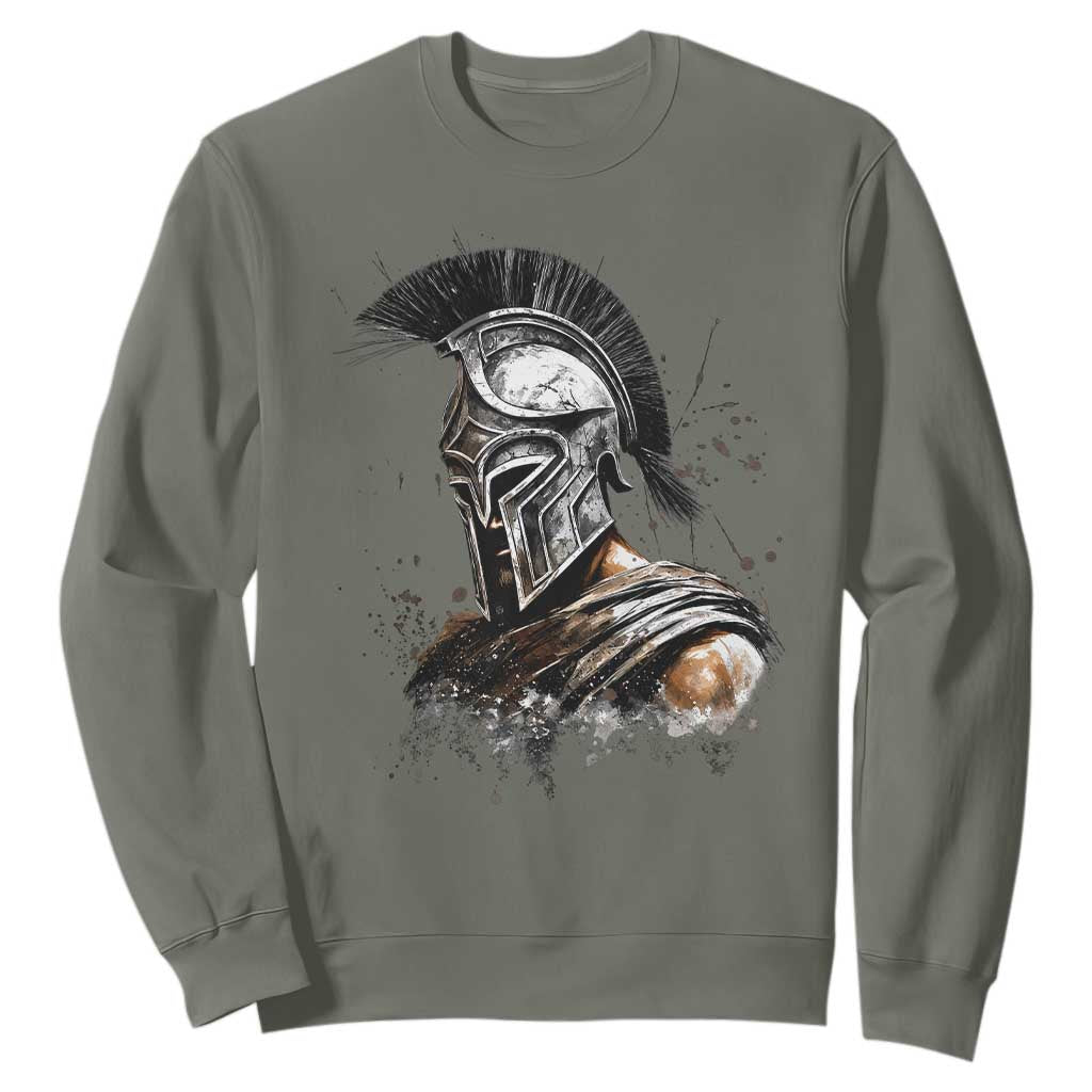 Ancient Spartan Warrior Watercolor Splatter Graphic Sweatshirt Greek Mythology Enthusiast History Gift TS02 Military Green Print Your Wear