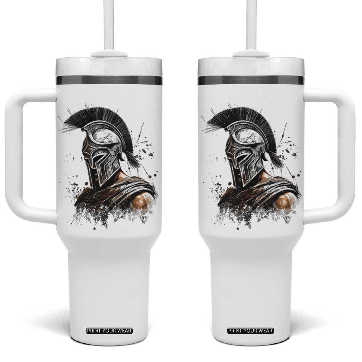 Ancient Spartan Warrior Watercolor Splatter Graphic Tumbler With Handle Greek Mythology Enthusiast History Gift TS02 One Size: 40 oz White Print Your Wear