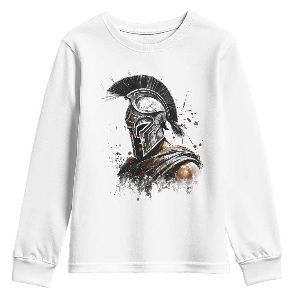 Ancient Spartan Warrior Watercolor Splatter Graphic Youth Sweatshirt Greek Mythology Enthusiast History Gift TS02 White Print Your Wear