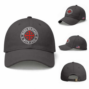 Make No Peace With Evil Jerusalem Cross Baseball Cap Christian Warrior Crusader Emblem Graphic TS02 Baseball Cap Universal Fit Dark Gray Print Your Wear
