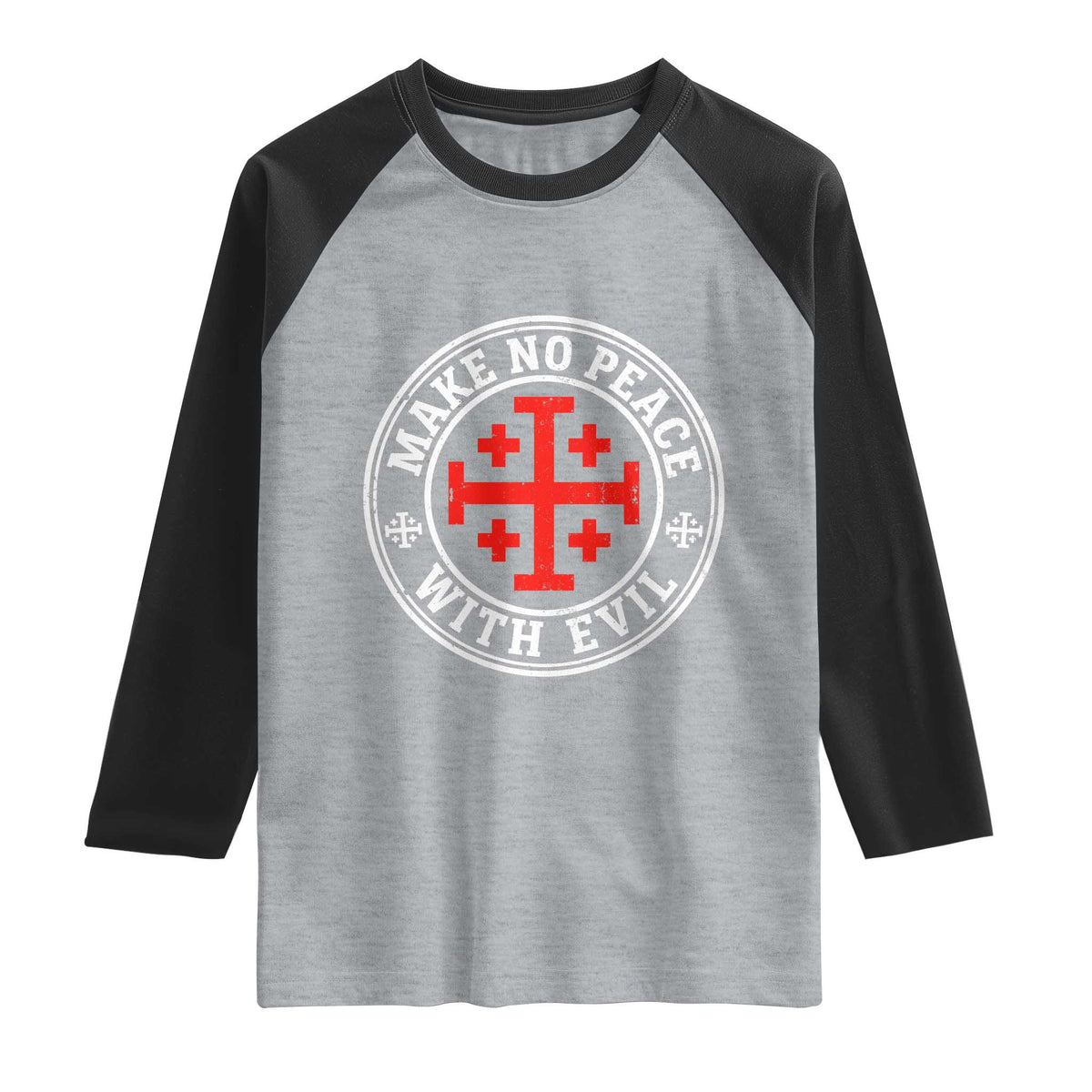 Make No Peace With Evil Jerusalem Cross Raglan Shirt Christian Warrior Crusader Emblem Graphic TS02 Heather Gray Black Print Your Wear