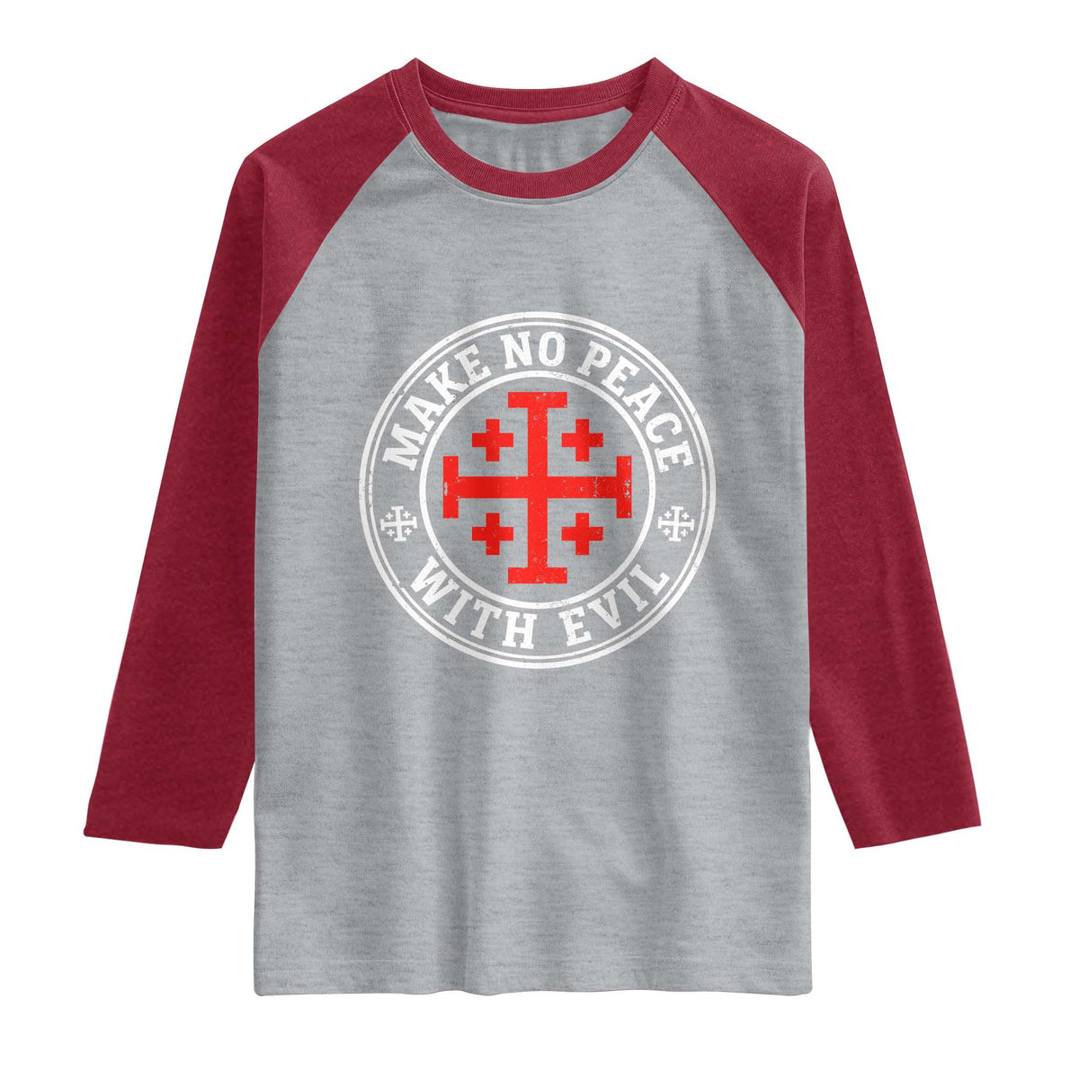 Make No Peace With Evil Jerusalem Cross Raglan Shirt Christian Warrior Crusader Emblem Graphic TS02 Heather Gray Heather Red Print Your Wear