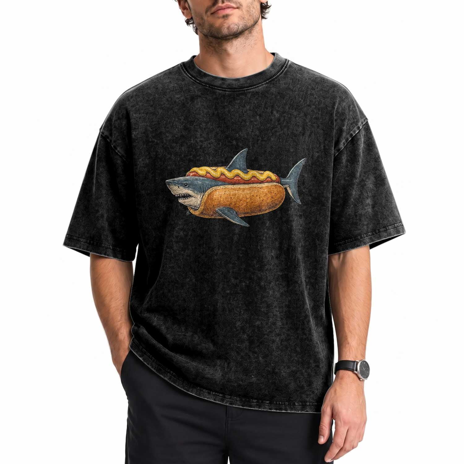 Hot Dog Shark Mustard Bun Food Mashup Washed Cotton T-Shirt Funny Ocean Animal Summer Graphic