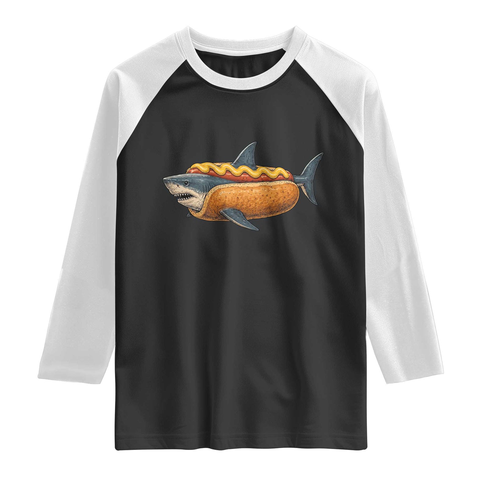 Hot Dog Shark Mustard Bun Food Mashup Raglan Shirt Funny Ocean Animal Summer Graphic