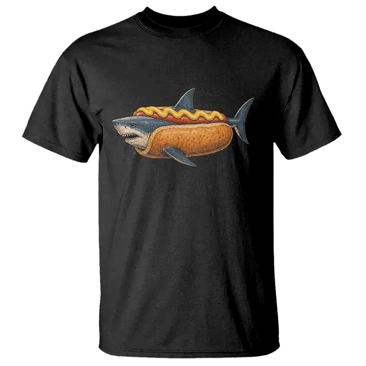 Hot Dog Shark Mustard Bun Food Mashup T Shirt Funny Ocean Animal Summer Graphic