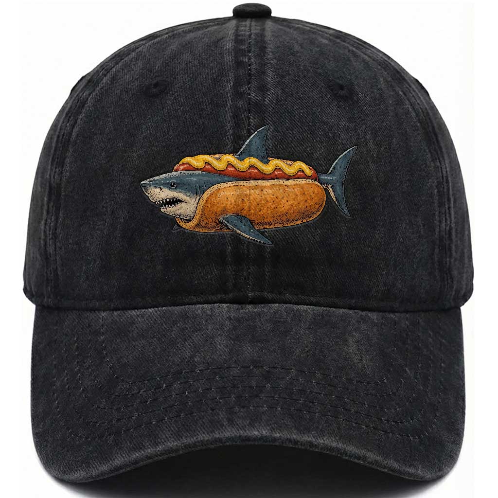 Hot Dog Shark Mustard Bun Food Mashup Washed Cotton Baseball Cap Funny Ocean Animal Summer Graphic