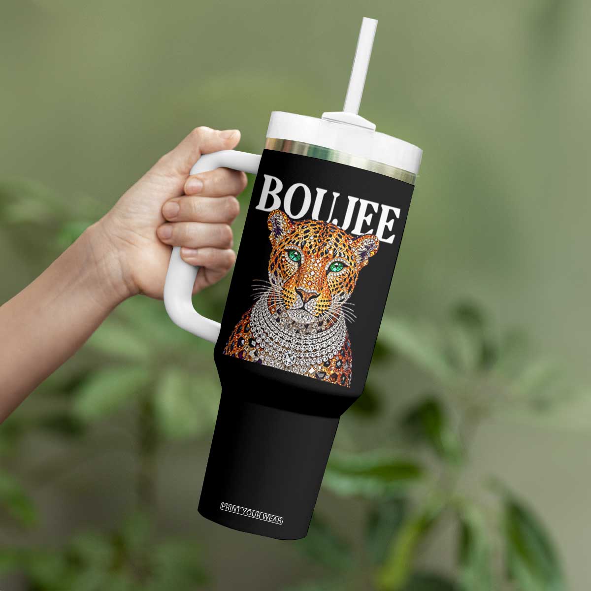 Boujee Gemstone Leopard Glamorous Wild Cat Graphic Tumbler With Handle