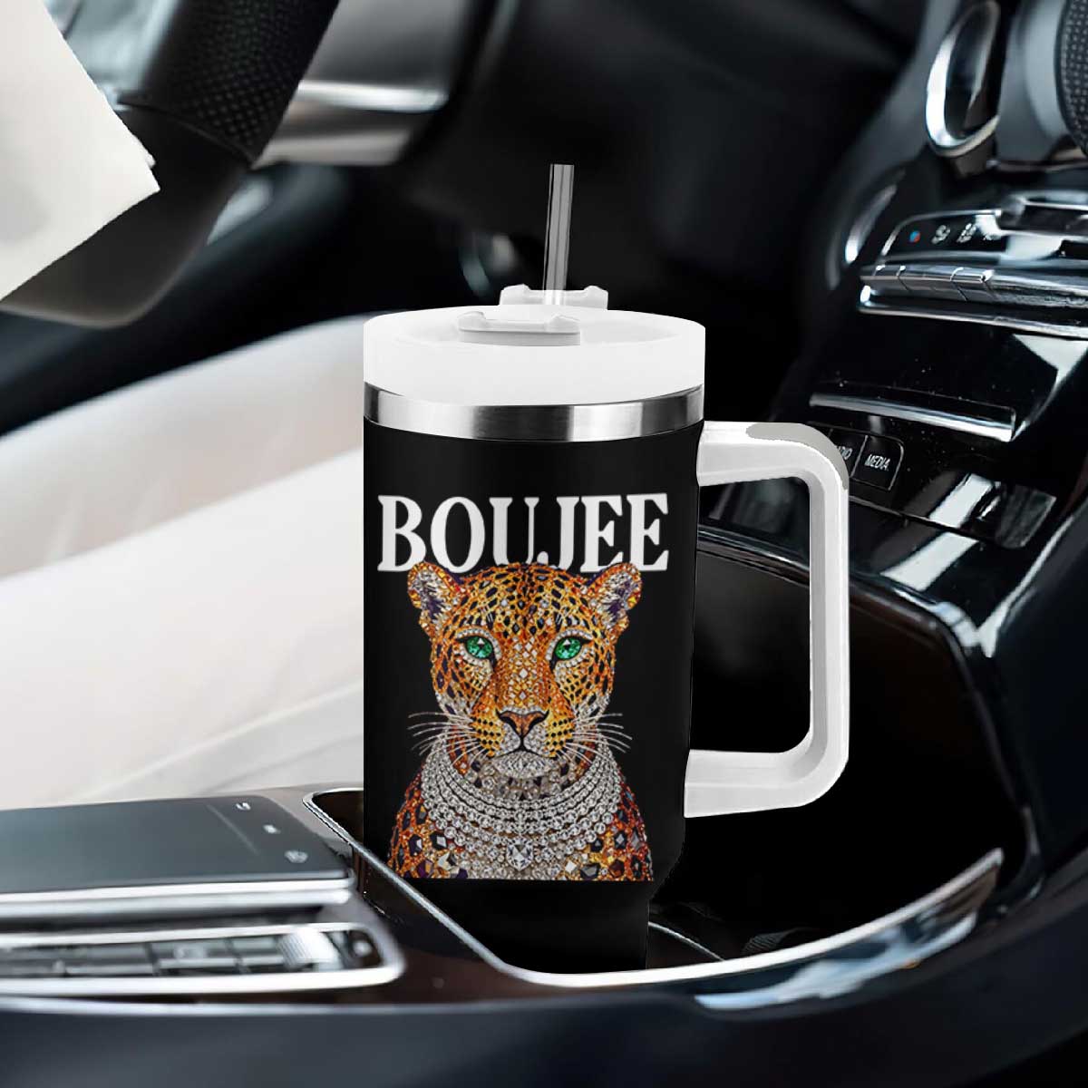 Boujee Gemstone Leopard Glamorous Wild Cat Graphic Tumbler With Handle
