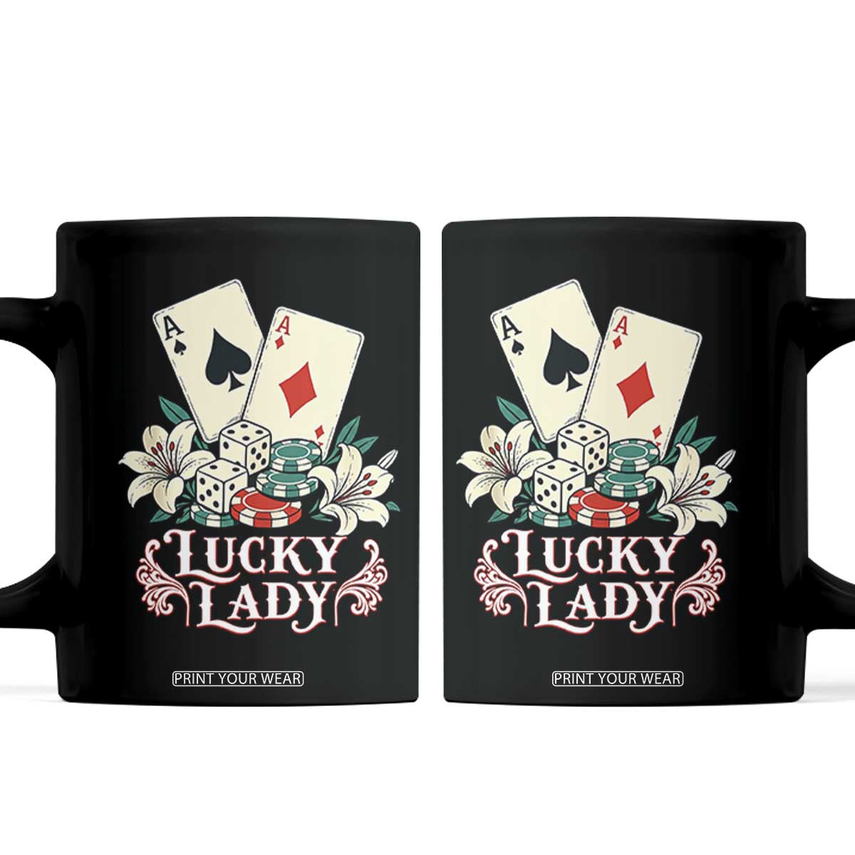 Lucky Lady Casino Poker Aces Dice Coffee Mug Vintage Vegas Gambling Tattoo Graphic