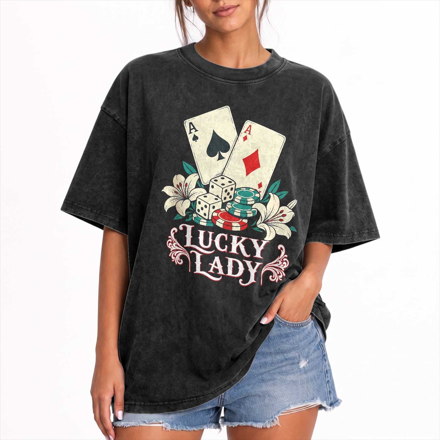Lucky Lady Casino Poker Aces Dice Washed Cotton T-Shirt Vintage Vegas Gambling Tattoo Graphic