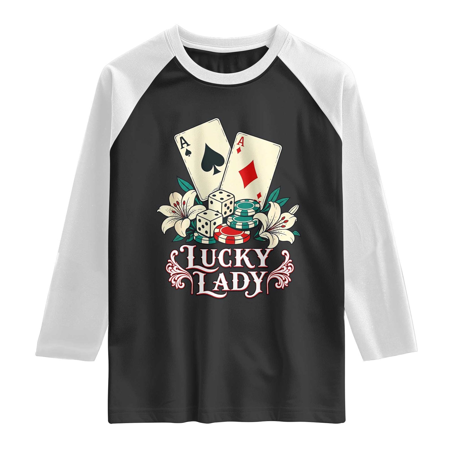 Lucky Lady Casino Poker Aces Dice Raglan Shirt Vintage Vegas Gambling Tattoo Graphic