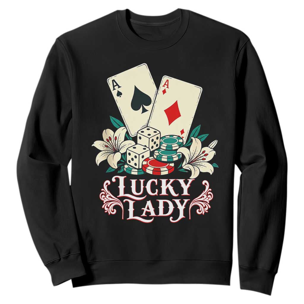Lucky Lady Casino Poker Aces Dice Sweatshirt Vintage Vegas Gambling Tattoo Graphic