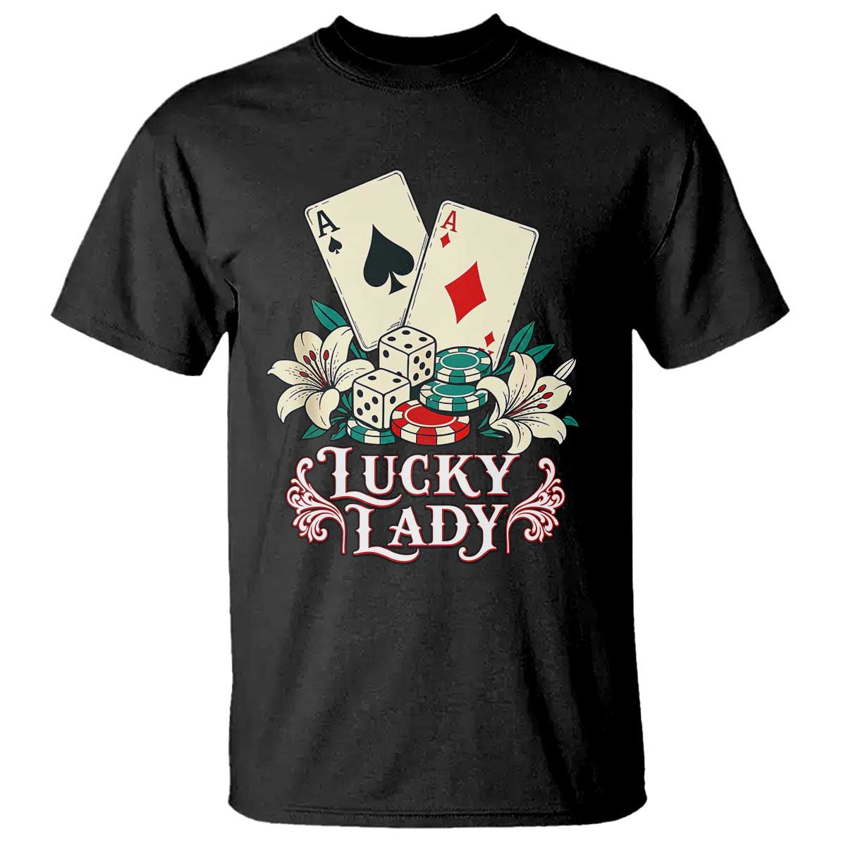 Lucky Lady Casino Poker Aces Dice T Shirt Vintage Vegas Gambling Tattoo Graphic