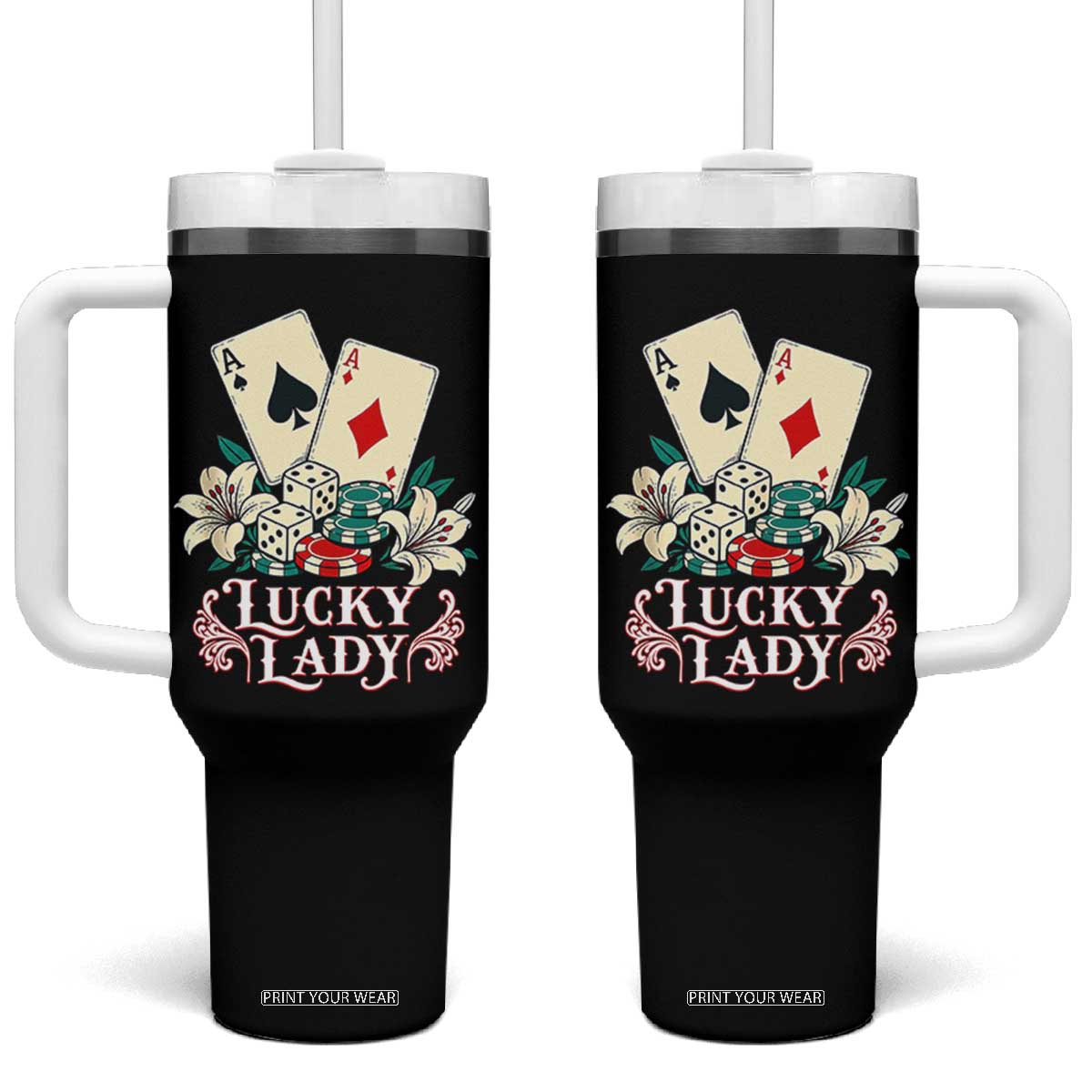 Lucky Lady Casino Poker Aces Dice Tumbler With Handle Vintage Vegas Gambling Tattoo Graphic