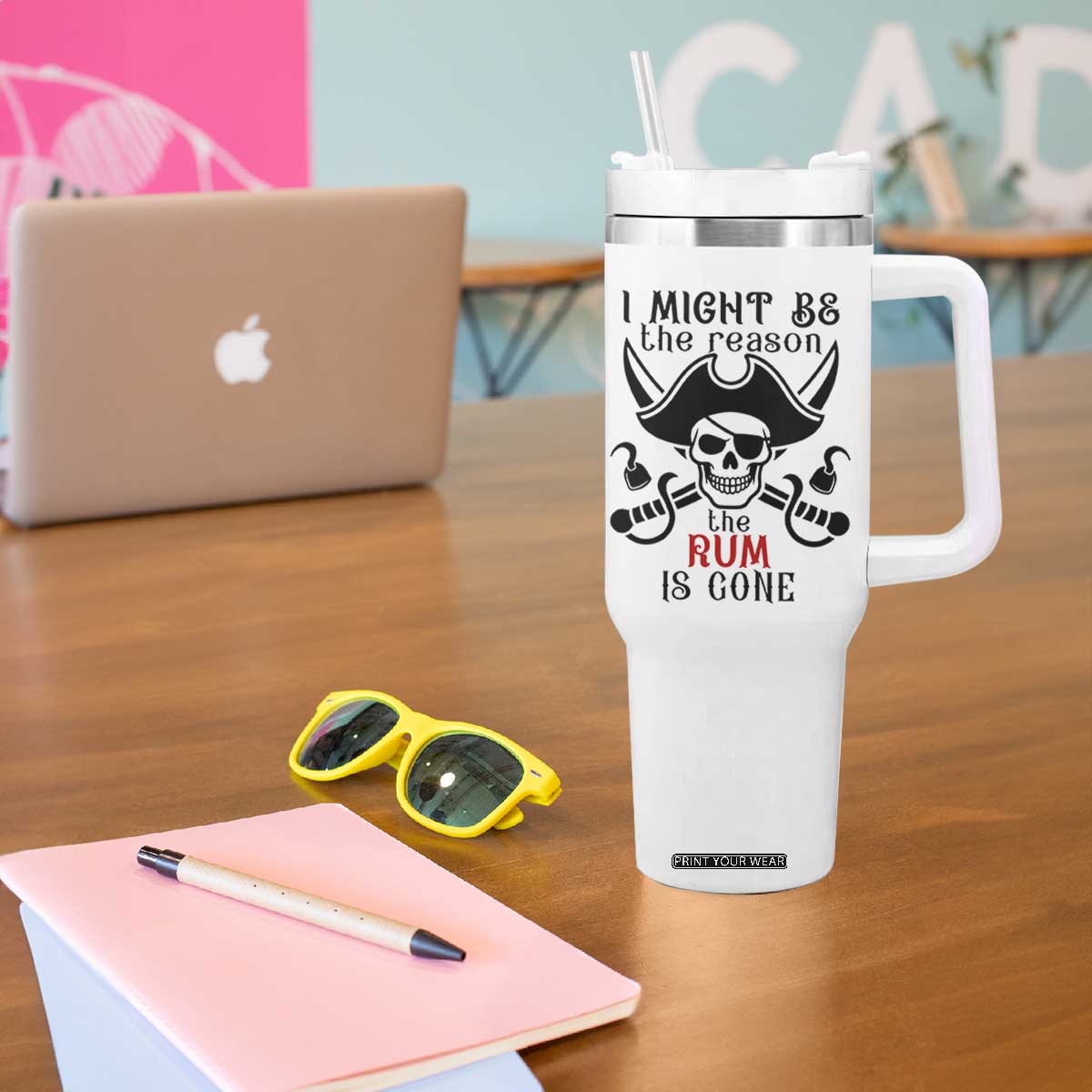 I Might Be The Reason The Rum Is Gone Pirate Skull Tumbler With Handle Funny Drinking Humor