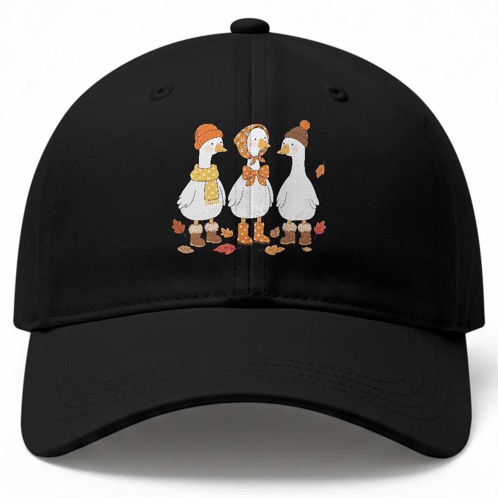 Cozy Autumn Geese Wearing Boots Scarf Beanie Graphic Baseball Cap Goose Fall Cottagecore Season