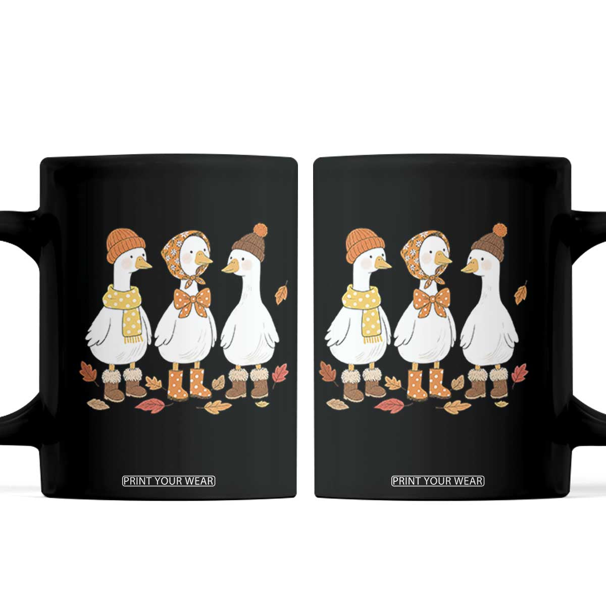 Cozy Autumn Geese Wearing Boots Scarf Beanie Graphic Coffee Mug Goose Fall Cottagecore Season