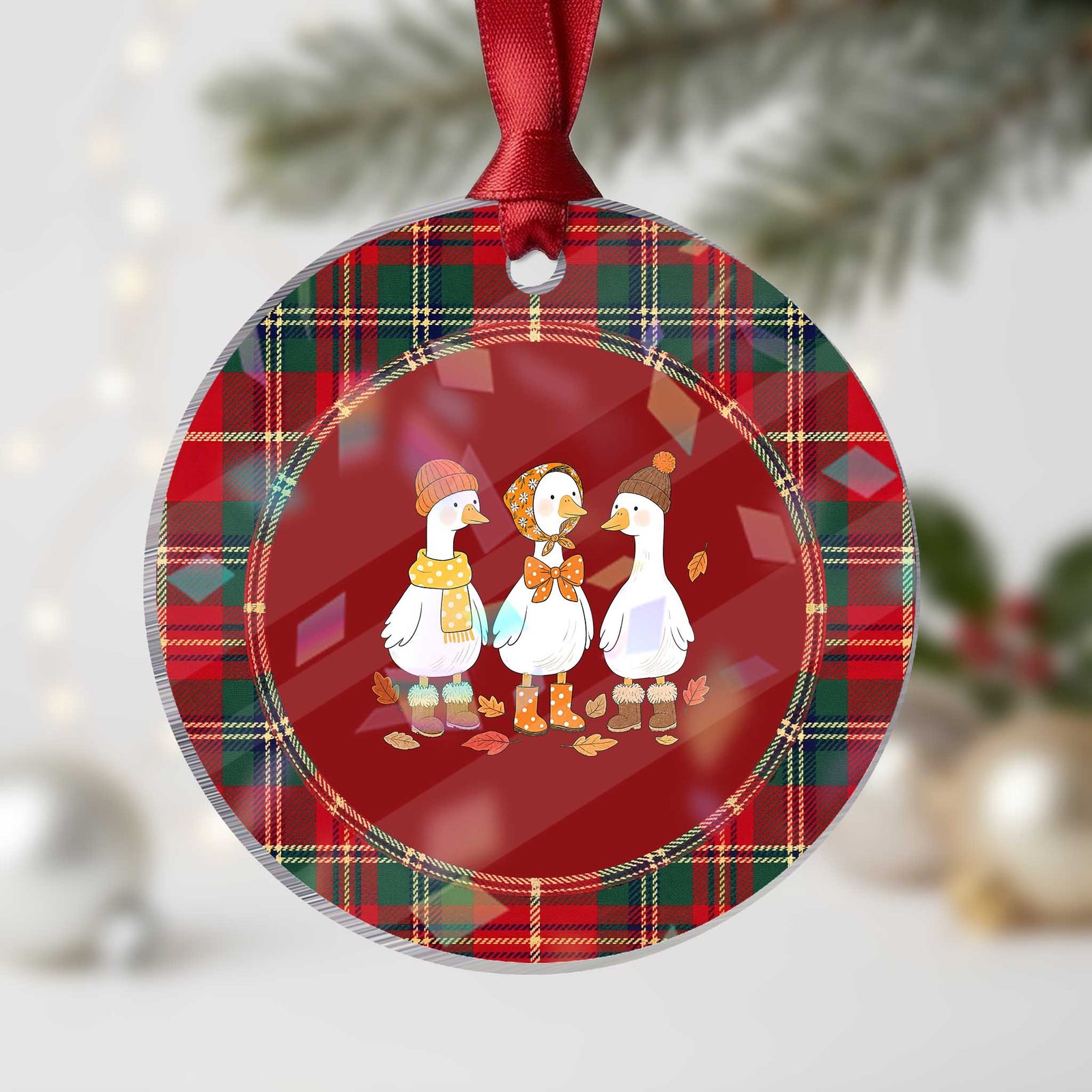 Cozy Autumn Geese Wearing Boots Scarf Beanie Graphic Holographic Acrylic Ornament Goose Fall Cottagecore Season