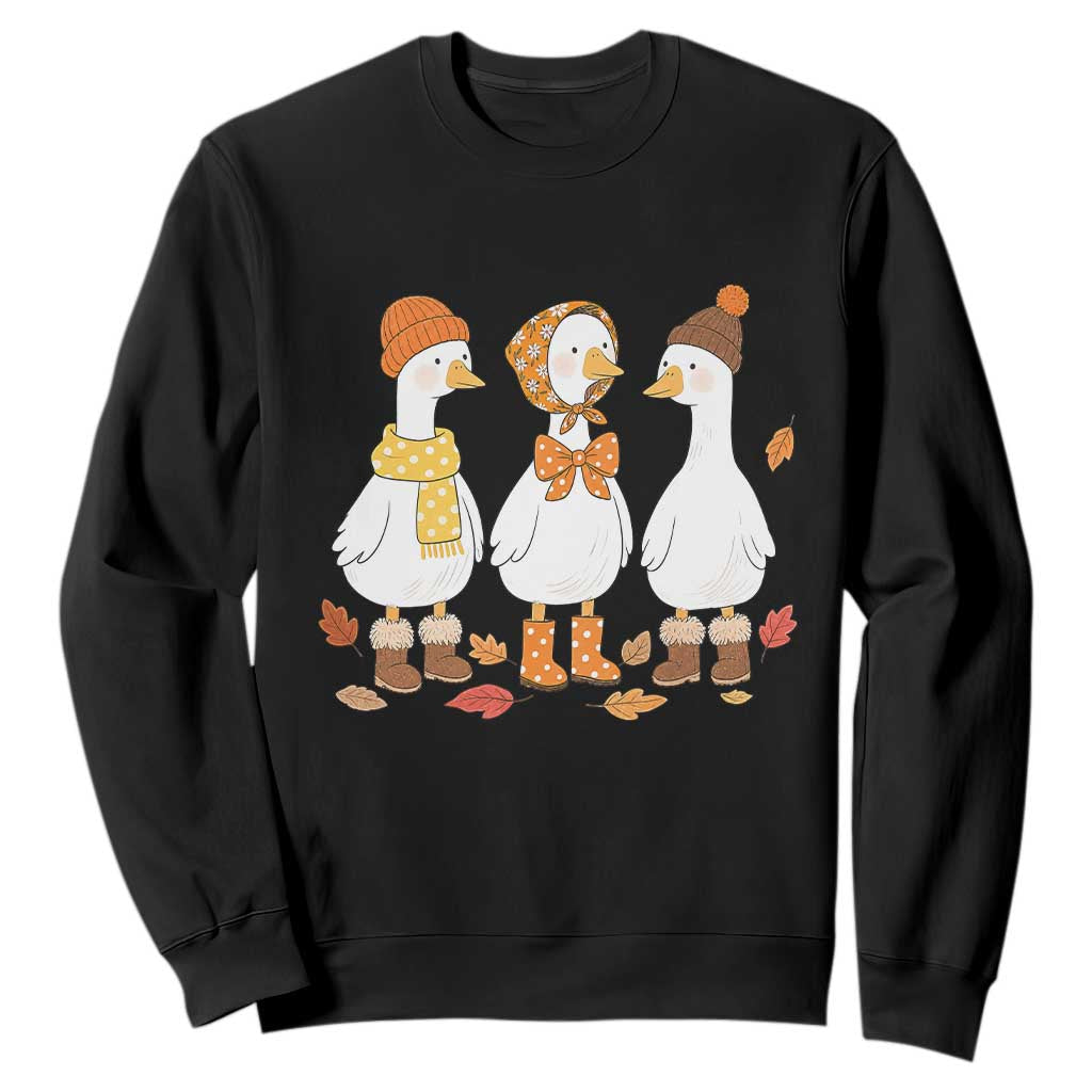 Cozy Autumn Geese Wearing Boots Scarf Beanie Graphic Sweatshirt Goose Fall Cottagecore Season