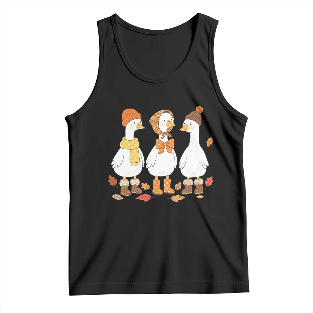 Cozy Autumn Geese Wearing Boots Scarf Beanie Graphic Tank Top Goose Fall Cottagecore Season