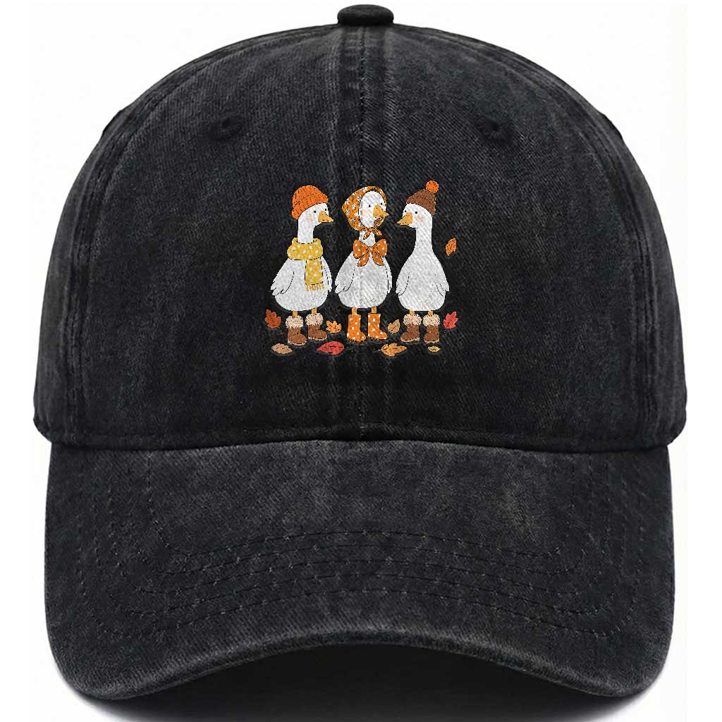 Cozy Autumn Geese Wearing Boots Scarf Beanie Graphic Washed Cotton Baseball Cap Goose Fall Cottagecore Season