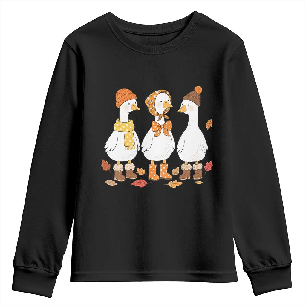 Cozy Autumn Geese Wearing Boots Scarf Beanie Graphic Youth Sweatshirt Goose Fall Cottagecore Season