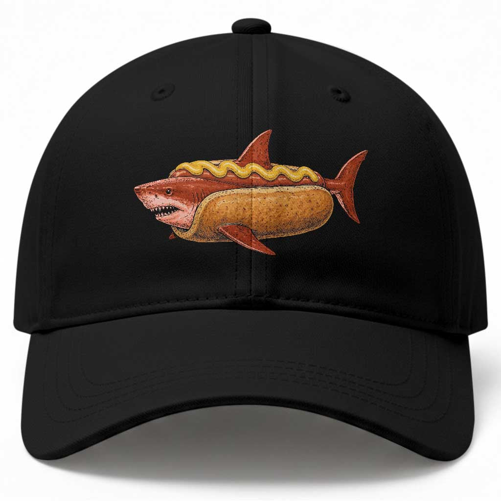 Red Hot Dog Shark Mustard Bun Mashup Baseball Cap Funny Surreal Food Ocean Graphic
