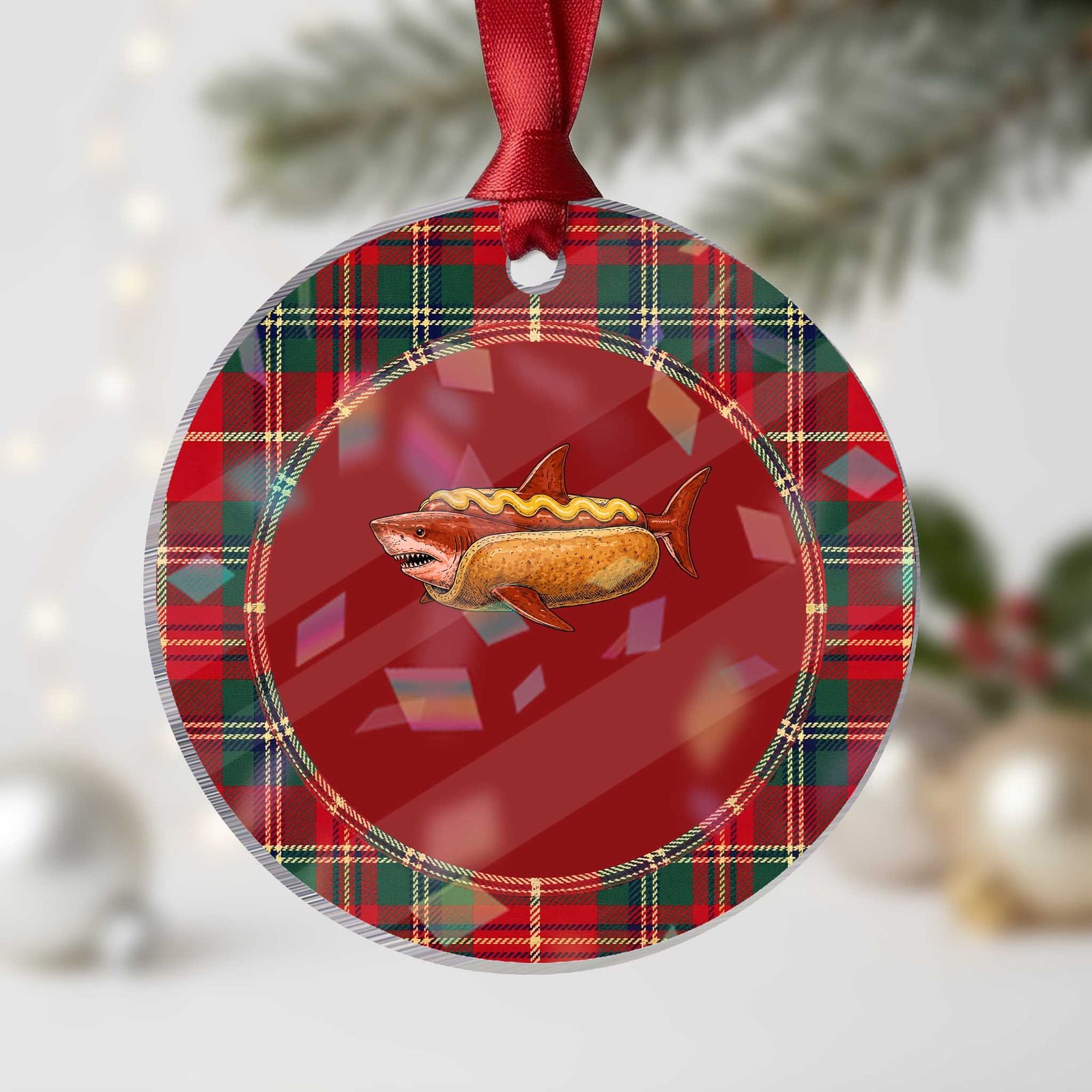 Red Hot Dog Shark Mustard Bun Mashup Holographic Acrylic Ornament Funny Surreal Food Ocean Graphic