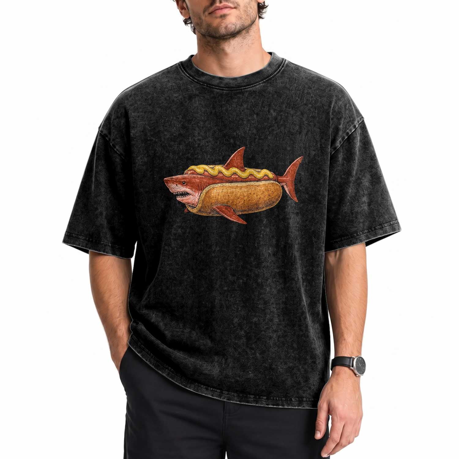 Red Hot Dog Shark Mustard Bun Mashup Washed Cotton T-Shirt Funny Surreal Food Ocean Graphic