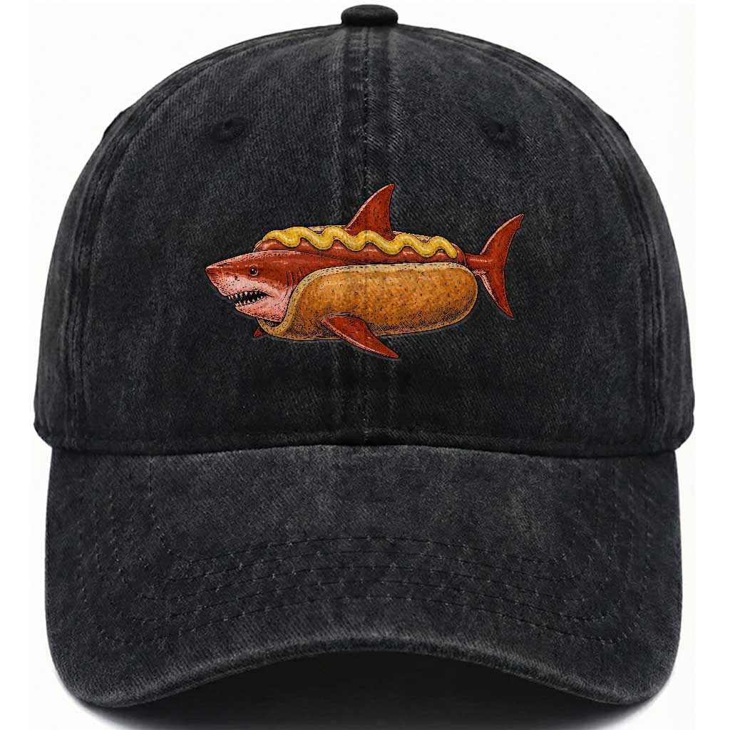 Red Hot Dog Shark Mustard Bun Mashup Washed Cotton Baseball Cap Funny Surreal Food Ocean Graphic